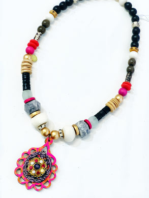 Beaded Damask Vintage Rhinestone Pendant Necklace - #15