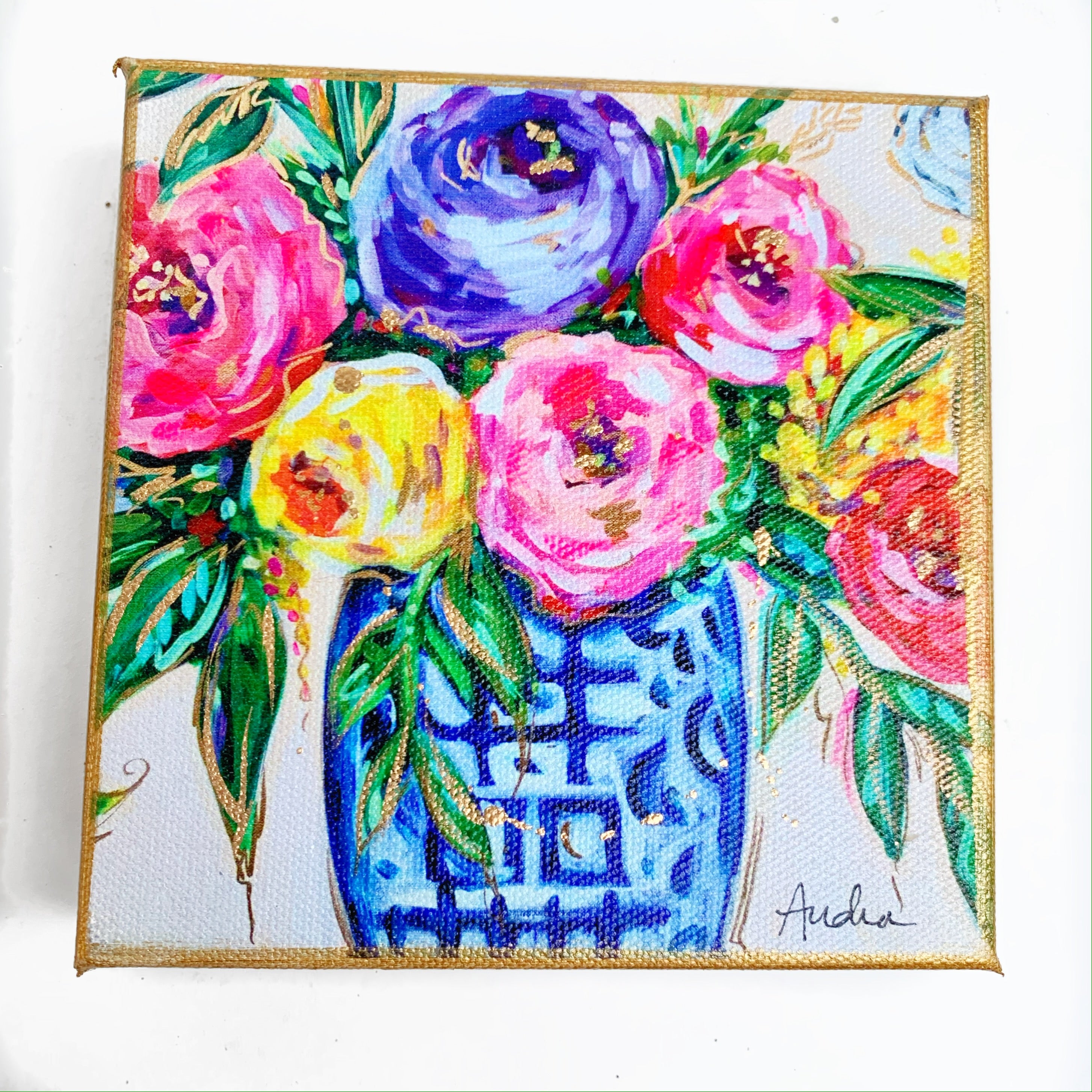 Floral Bouquet in Ginger Jar on 6"x6" Gallery Wrapped Canvas