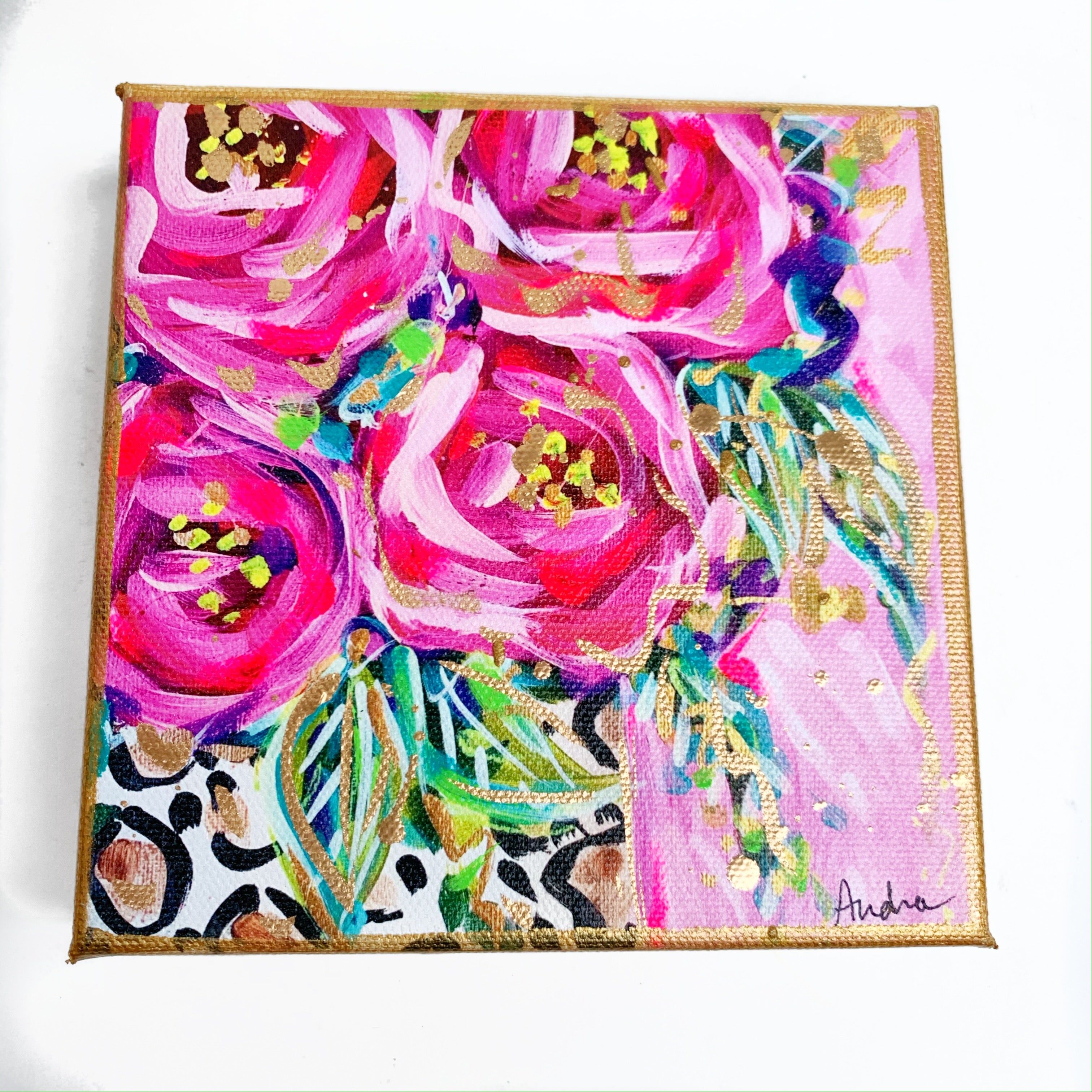 Roses in Leopard Vase Pink Background on 6"x6" Gallery Wrapped Canvas