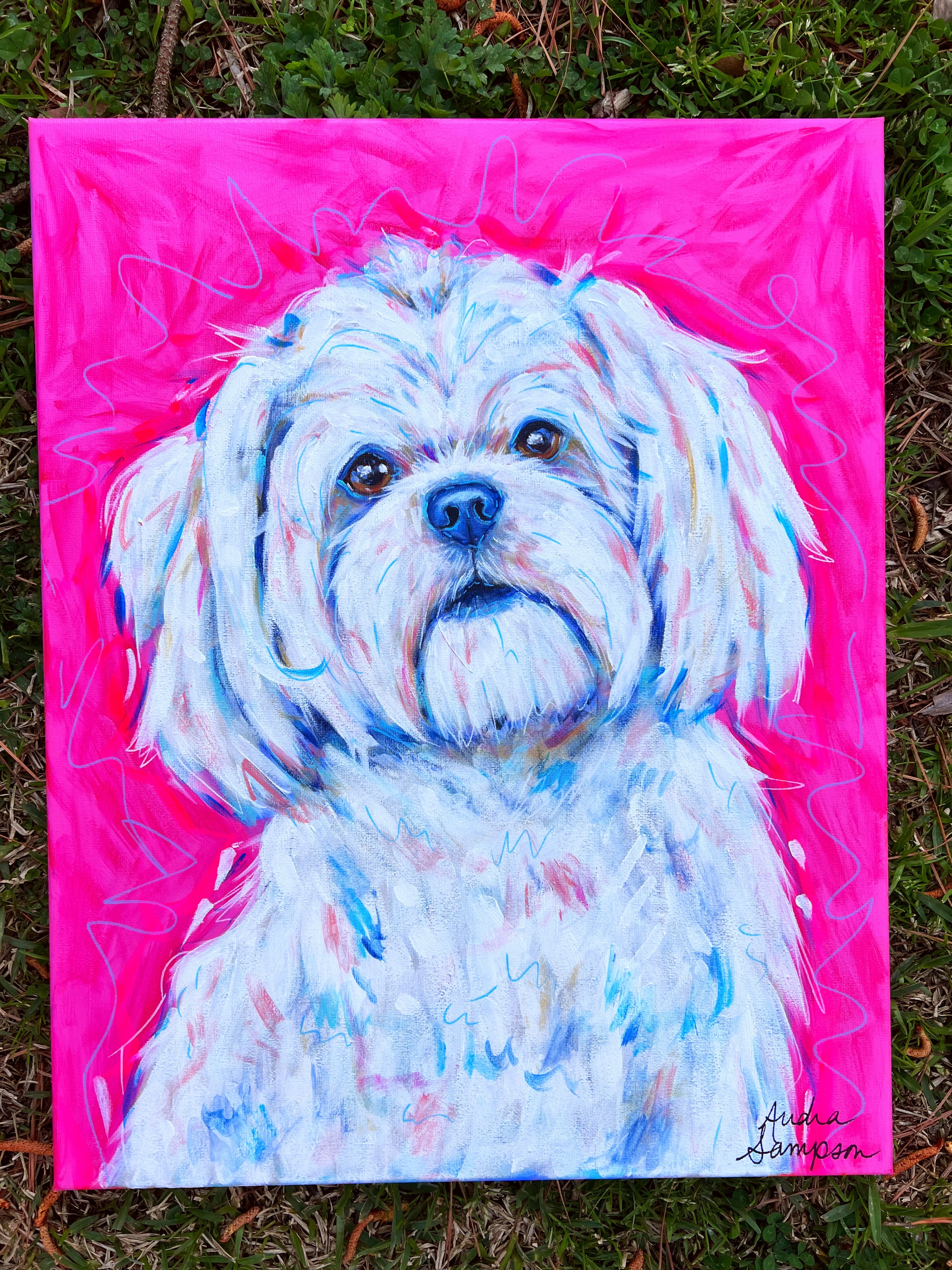 White Maltese Maltipoo Original Painting on 16x20 Canvas