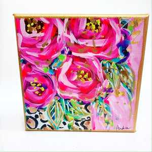 Roses in Leopard Vase Pink Background on 6"x6" Gallery Wrapped Canvas