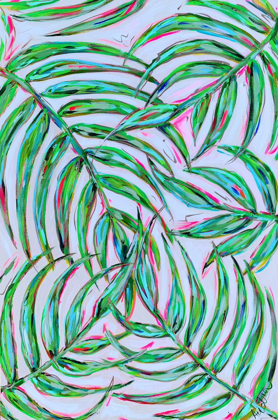 “Pink Palm” Palm Branches Original Painting on Canvas 24x36”
