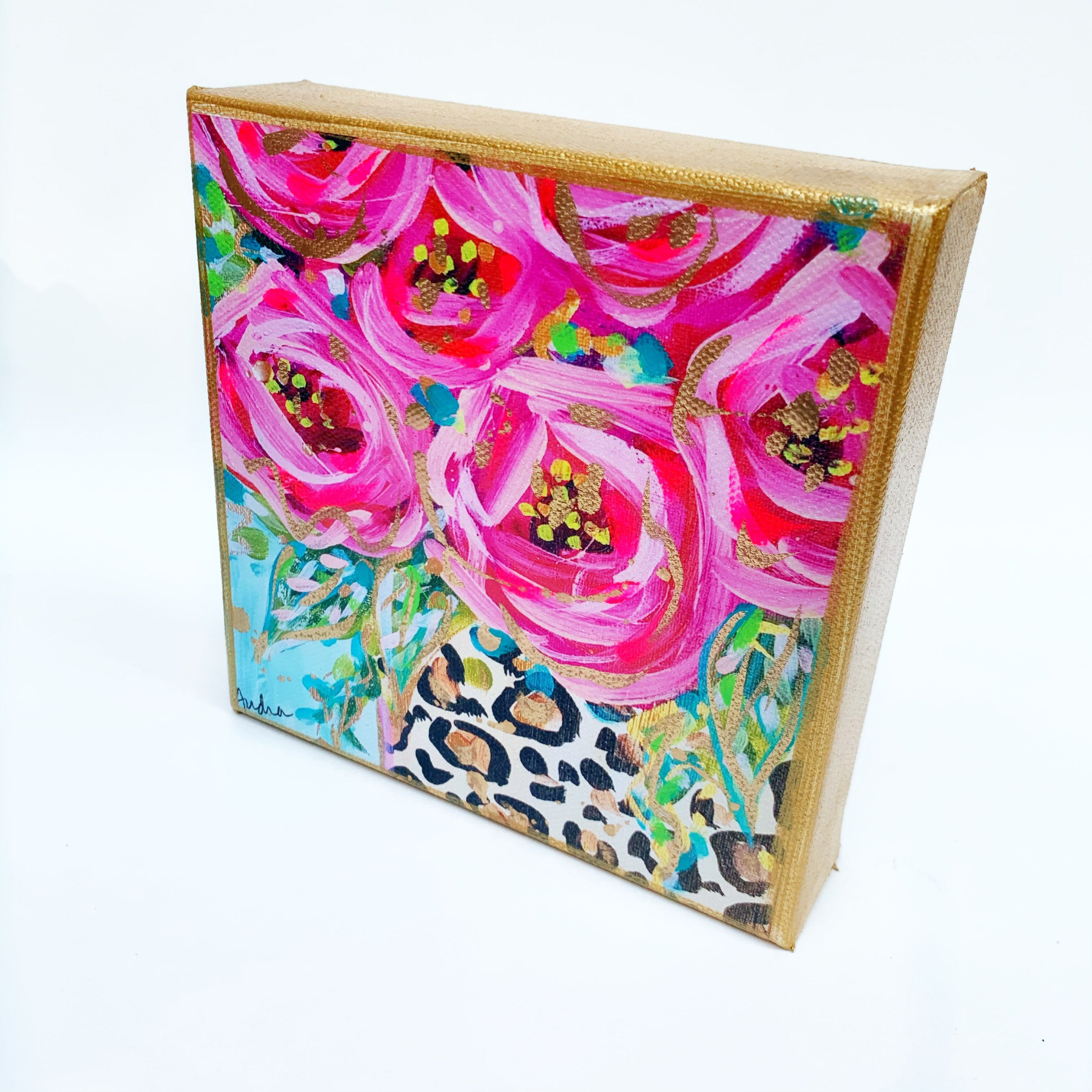 Roses Leopard Vase Blue Background on 6"x6" Gallery Wrapped Canvas