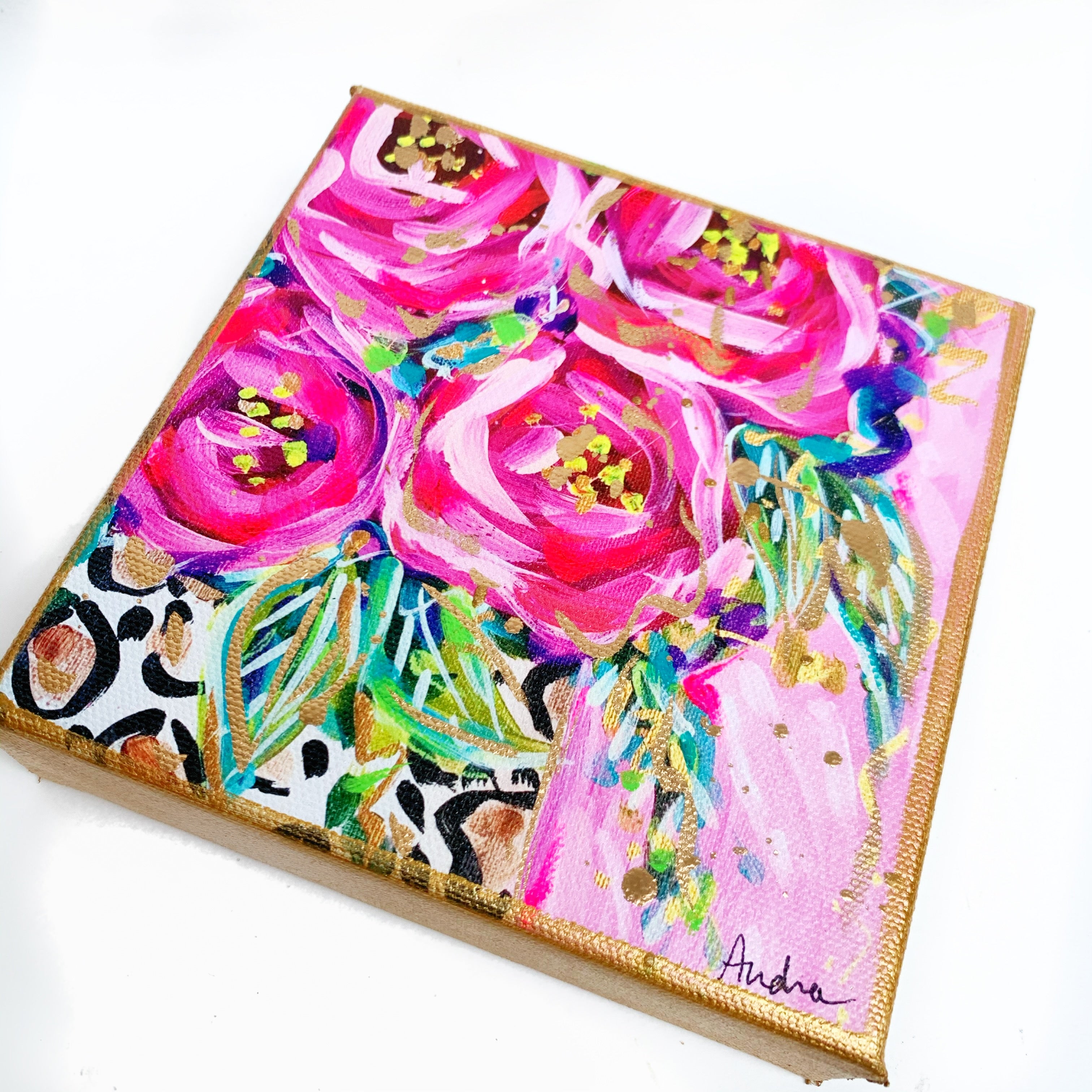 Roses in Leopard Vase Pink Background on 6"x6" Gallery Wrapped Canvas