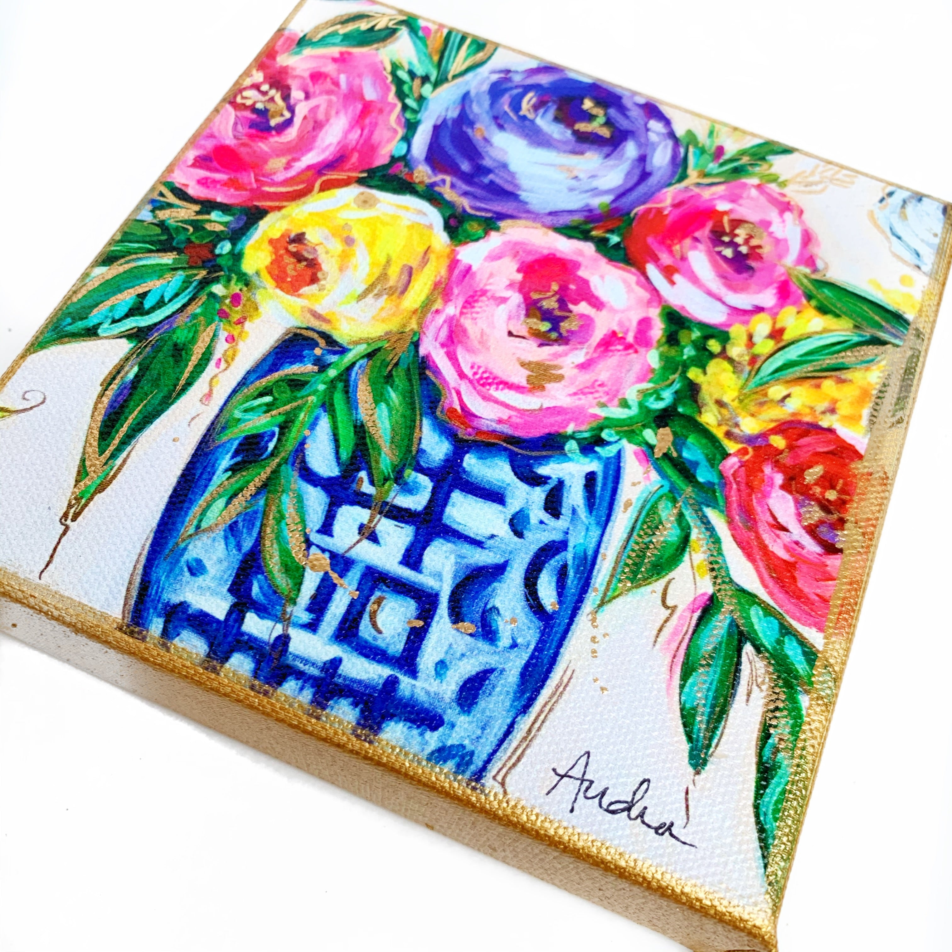 Floral Bouquet in Ginger Jar on 6"x6" Gallery Wrapped Canvas