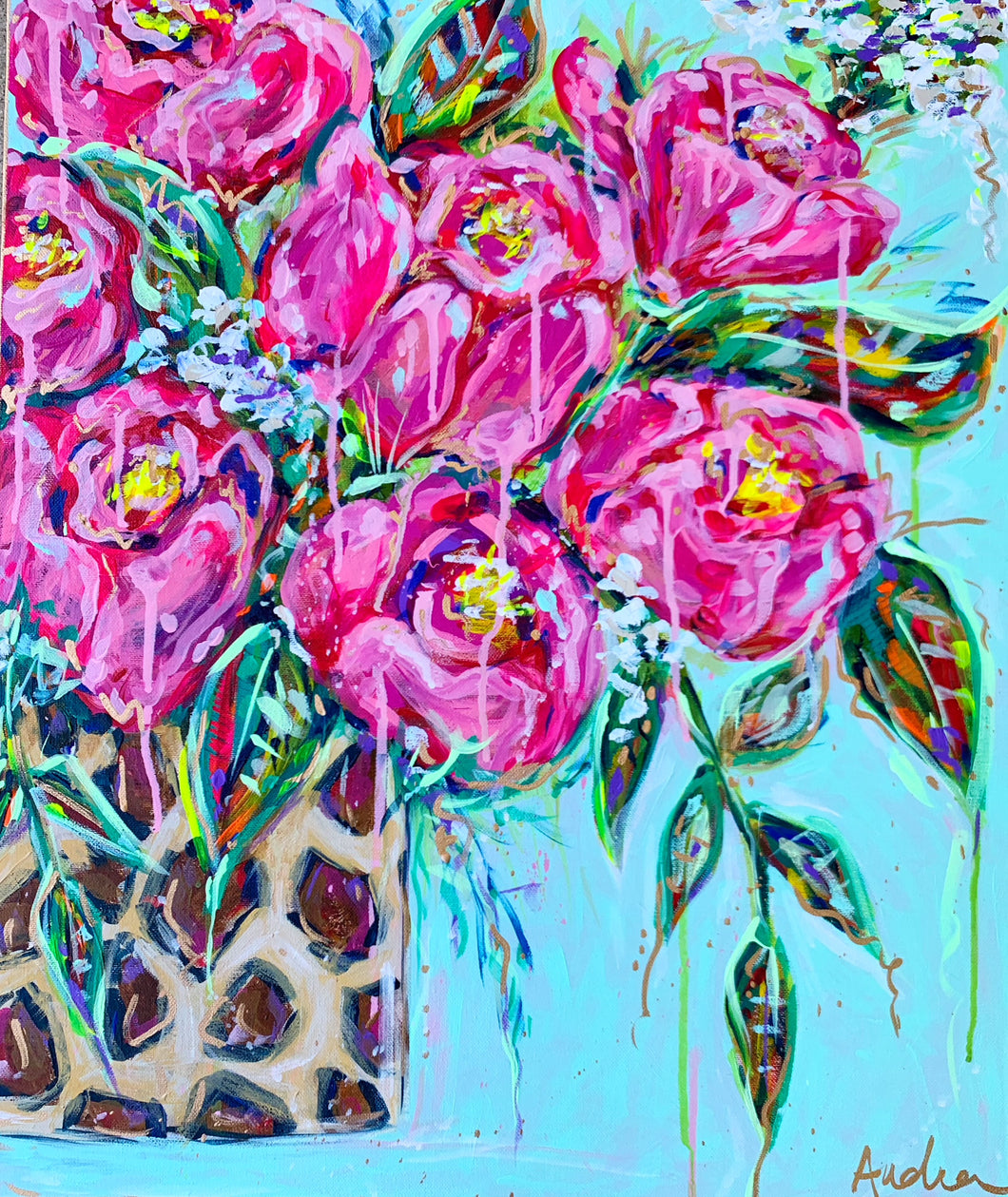 Roses in Leopard Vase Original Painting on Canvas - 20x24