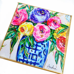 Floral Bouquet in Ginger Jar on 6"x6" Gallery Wrapped Canvas
