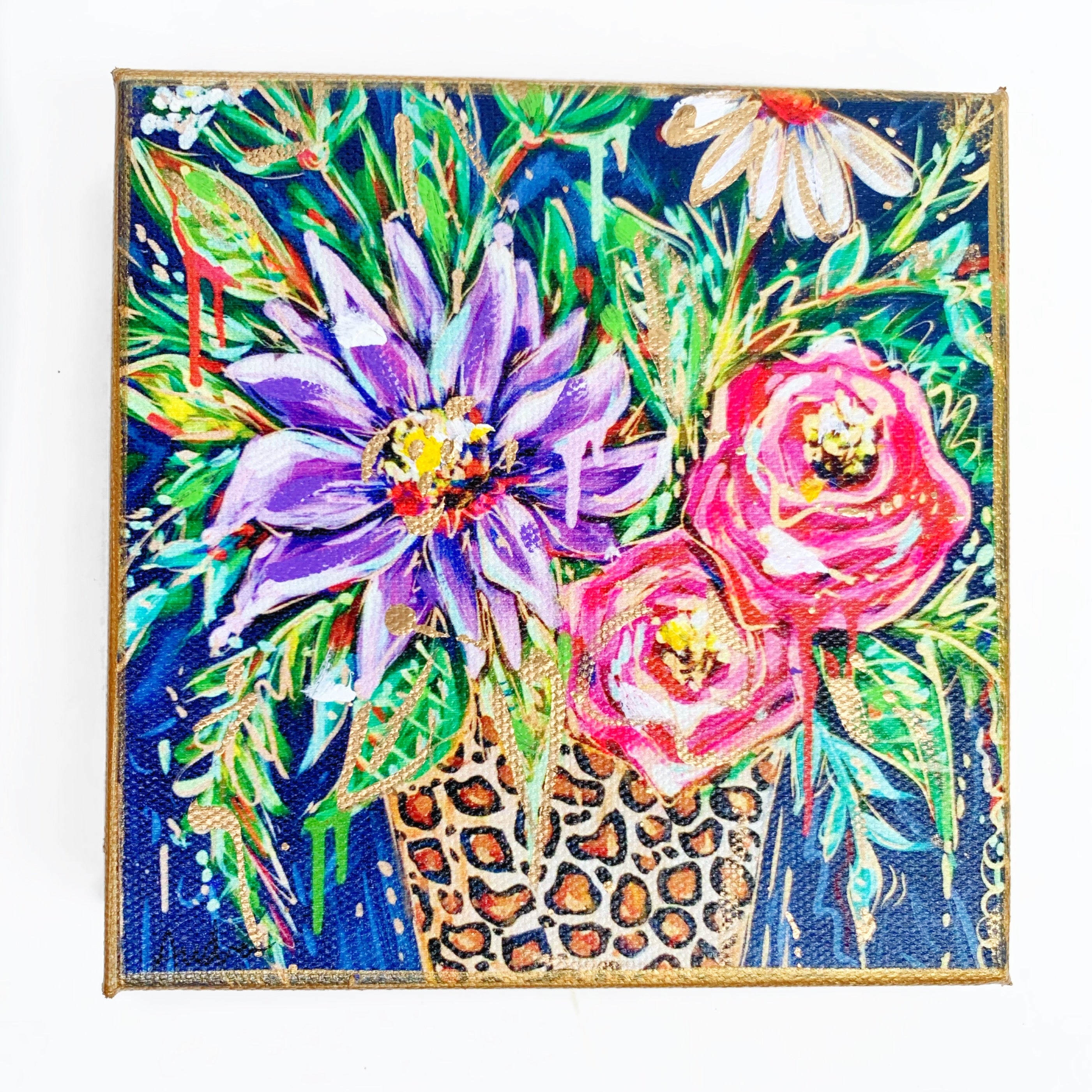 Floral Dark Background Leopard Vase on 6"x6" Gallery Wrapped Canvas