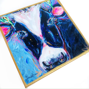 Black and White Cow on 6"x6" Gallery Wrapped Canvas