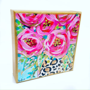 Roses Leopard Vase Blue Background on 6"x6" Gallery Wrapped Canvas