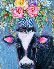 Load image into Gallery viewer, Black and White Cow with Bouquet Reproduction Print